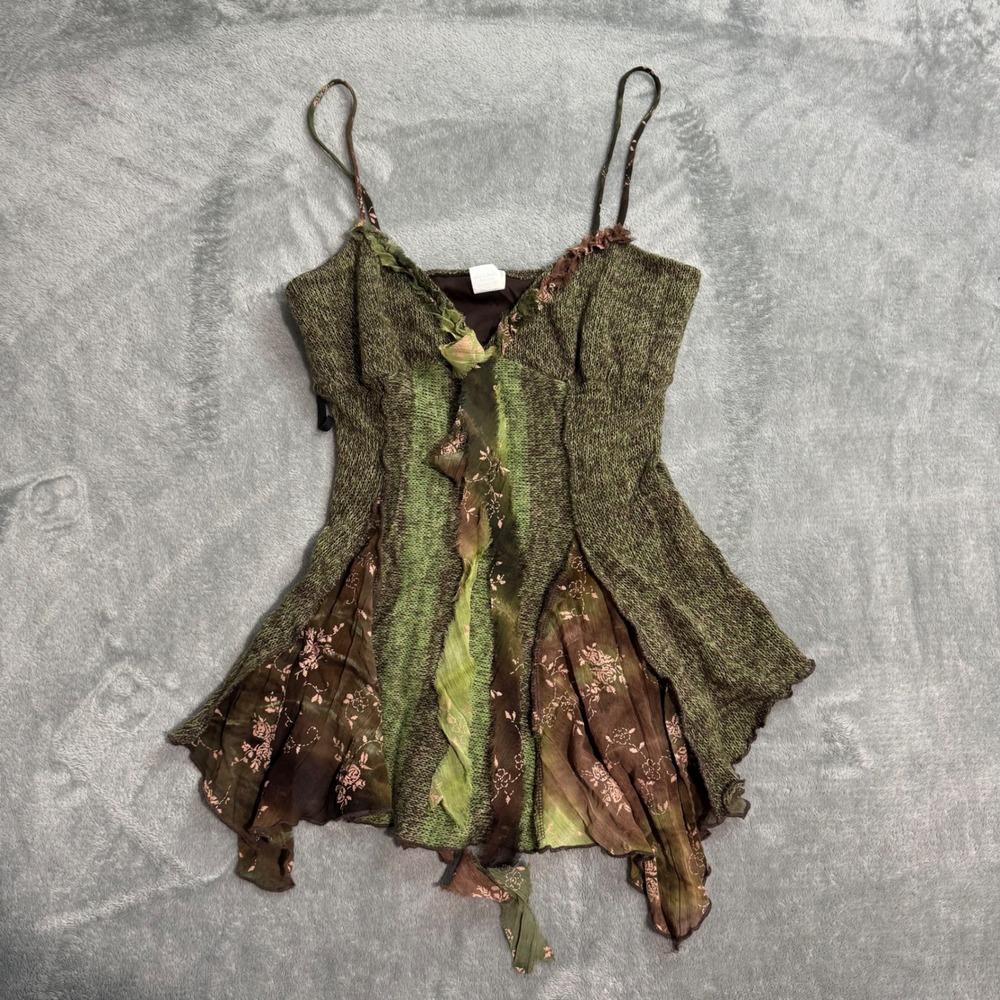 Vintage Jolie & Beau Fairy Whimsigoth Knit Chiffon Cami Top Green Brown Medium